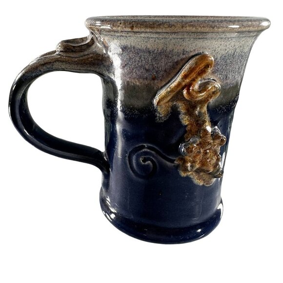 Grape Vine Mug Studio Pottery Vintage Clay Stoneware Thumb Rest Hand Cup - Picture 1 of 14
